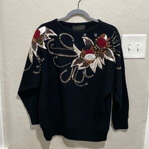 Vintage Maurada Black Floral Beaded Embellished Sweater Size Large